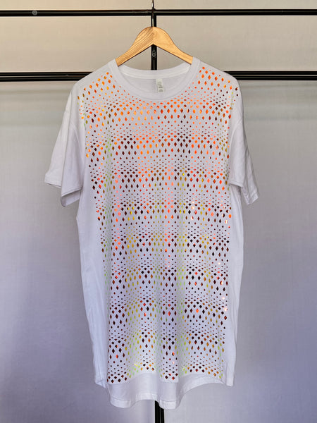 Long body, drop tail shirt, Copper holographic print