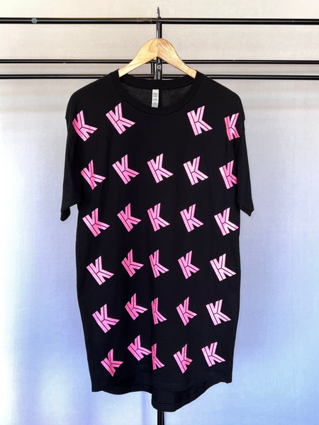 Long body, drop tail shirt, Neon pink glitter K all over print
