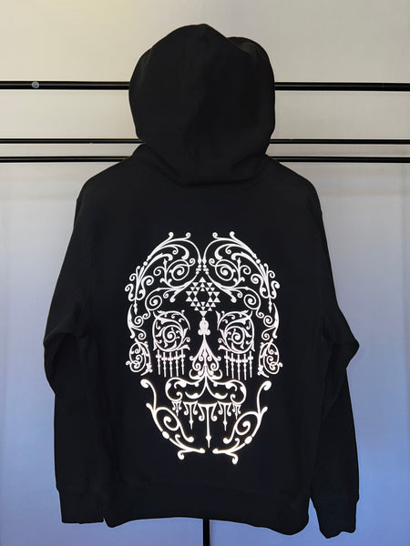 Extra Thick pull over hoodie, silver reflective sugar skull print