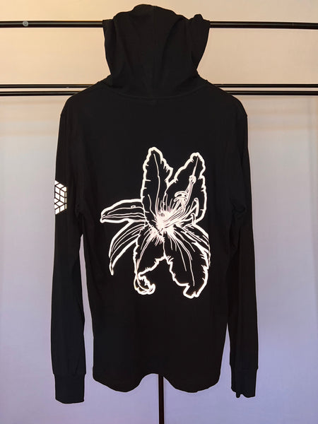 Hooded Shirt, Hibiscus design in silver reflective print