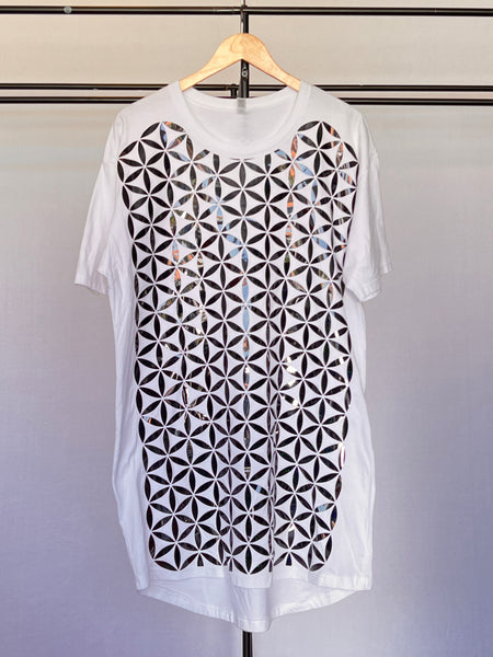 Long body, drop tail shirt, black holographic flower of life print