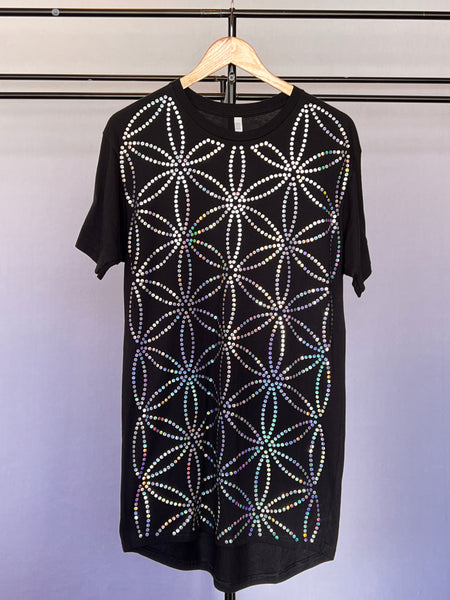 Long body, drop tail shirt, spectrum holographic flower of life print.