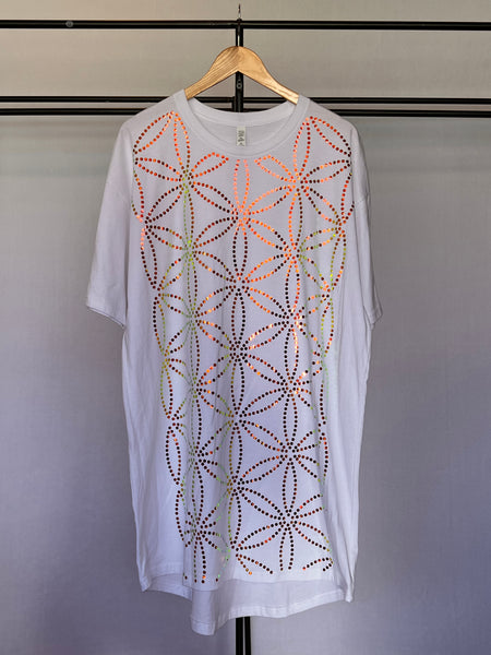 Long body, drop tail shirt, Copper holographic flower of life print
