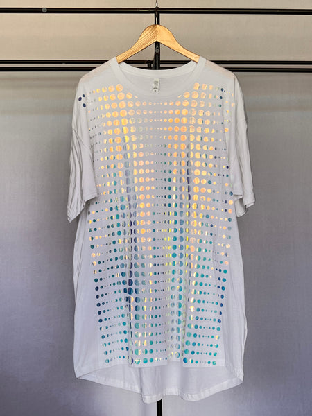 Long body, drop tail shirt Flower of life latticed design, spectrum holographic