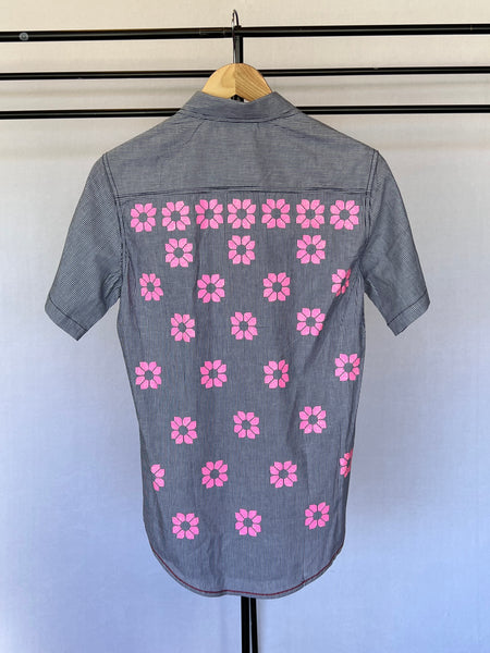 Button up, Neon pink Sakura blossom glitter print